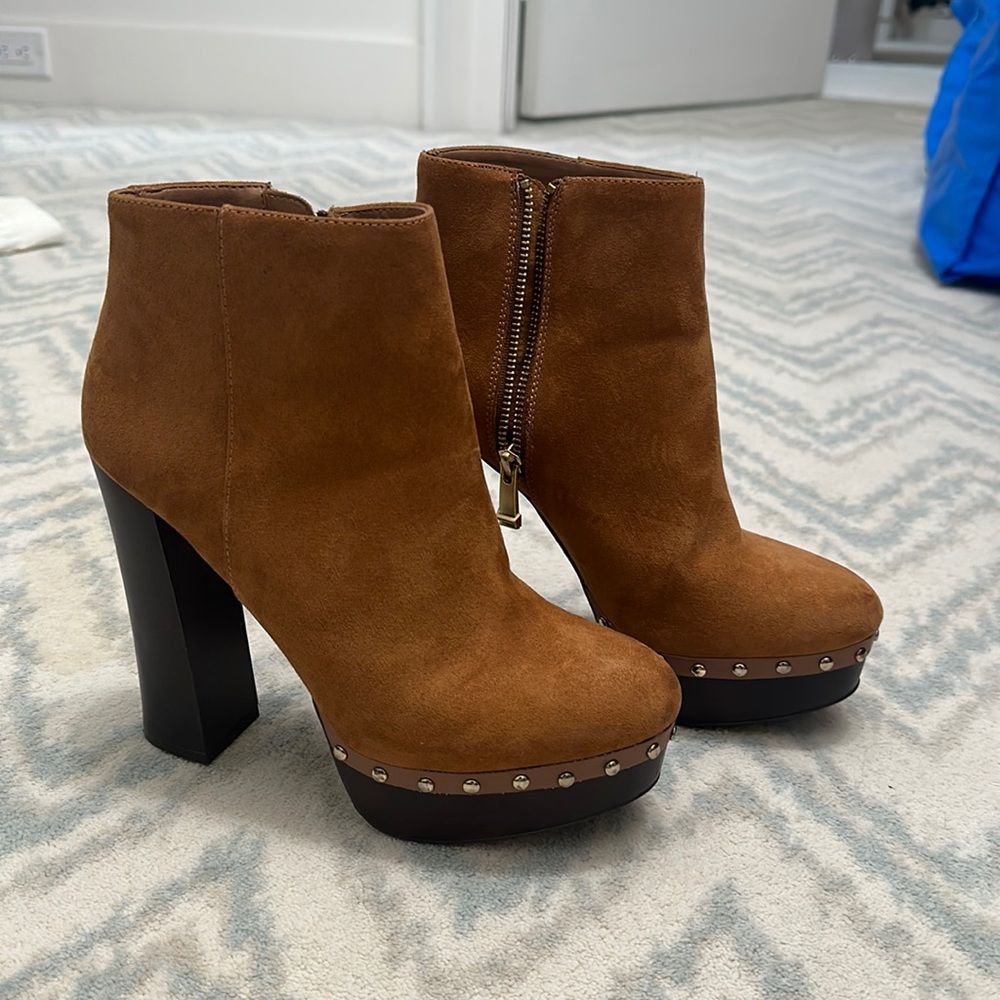 Camel Suede Wood Heel Platform Bootie